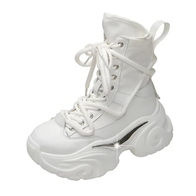 7.5CM Chunky Heels Motorcycle Boots New Women Autumn Winter Leather Ankle Booties Woman Thick Bottom Platform Combat Short Boots