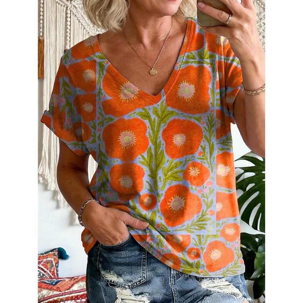 Women's T Shirt Print Floral Graphic Vintage Stylish Classic Short Sleeve V Neck Regular Tops Daily Sports Going Out Yellow Orange Green Summer Spring