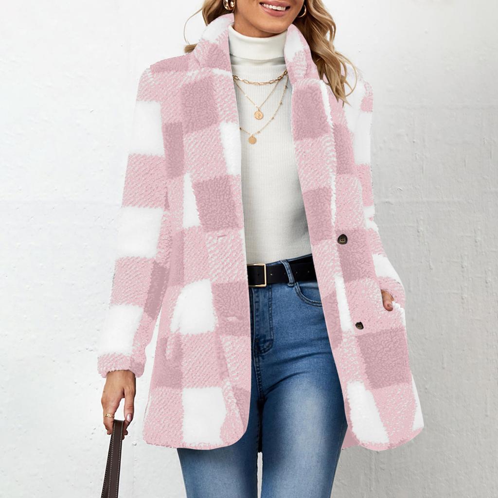 Women's Fashion Plaid Lapel Long Sleeved Coat With Buttons, Plush Warm Jacket With Pockets
