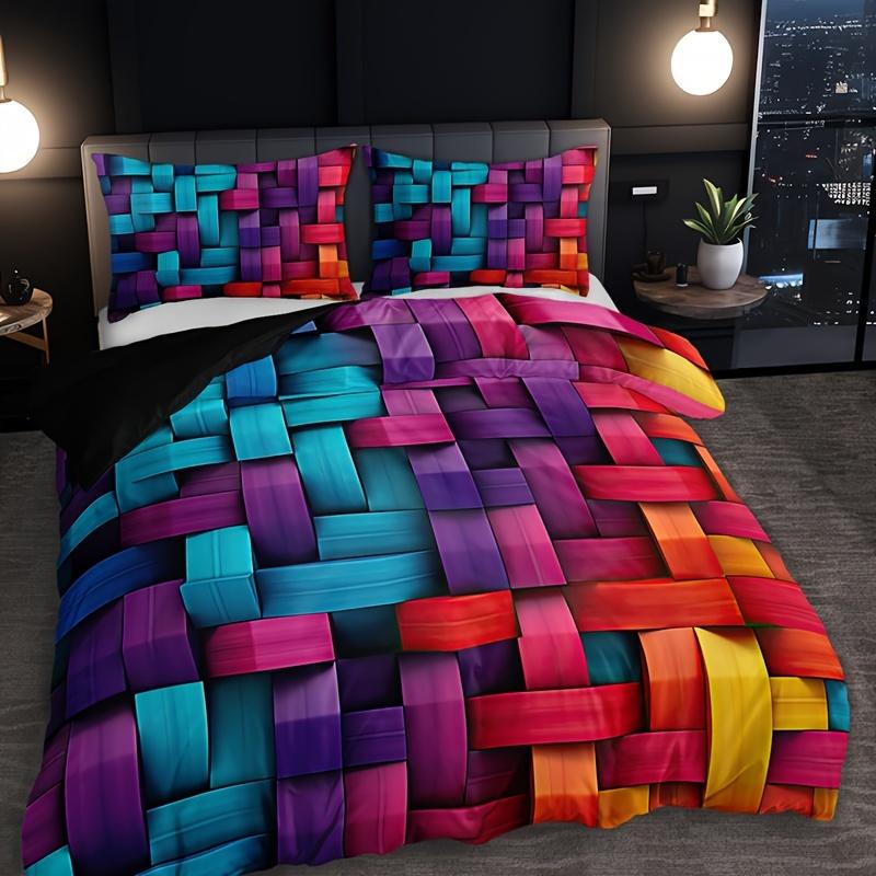 Colorful Plaid Geometric Duvet Cover Set Breathable Bedding Set All-Season 3 Piece Set With Duvet Cover And 2 Pillowcases