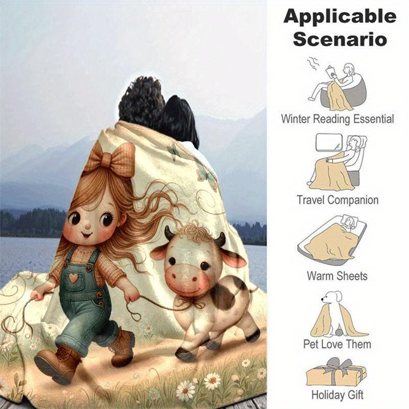 1pc Dairy Cow Printing Lightweight Flannel Blanket, Comfortable and Warm Blanket, for Camping Sofa Bed and Couch Office, In All Seasons