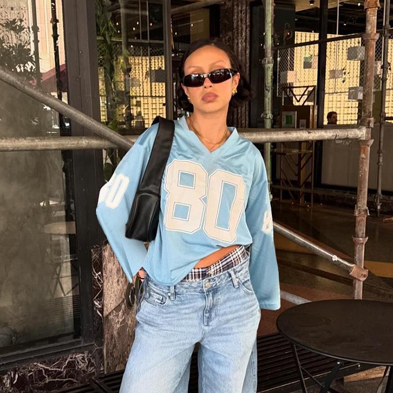 T-shirt Grafica da Donna con Scollo a V, Manica Lunga, Vestibilità Larga, Stampa Numero Lettera, Tunica Larga, Streetwear, Vintage Americano, Camicia Casual