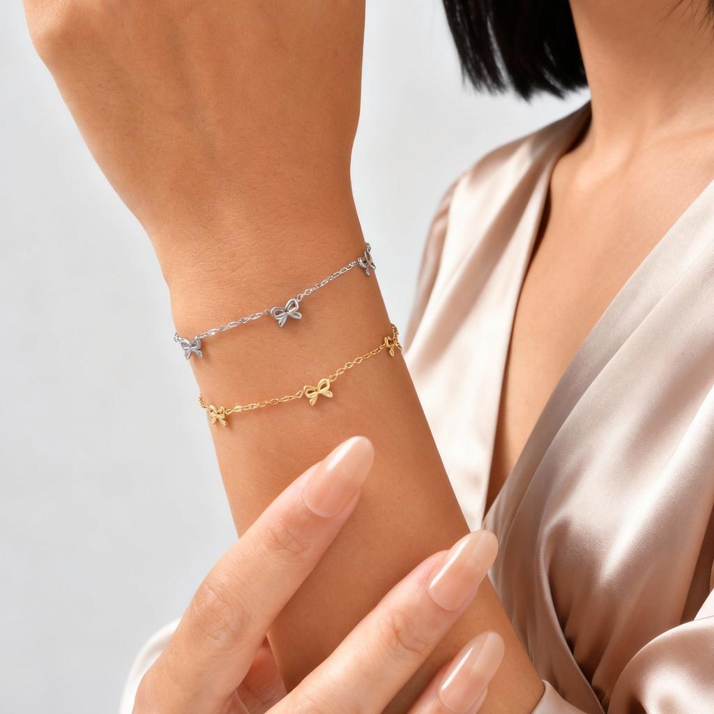 Classic Dainty Gold Plated Bowknot Bracelet for Women , Stainless Steel Thin Chain Bow Charm Bracelet, Minimalist Trendy Jewelry