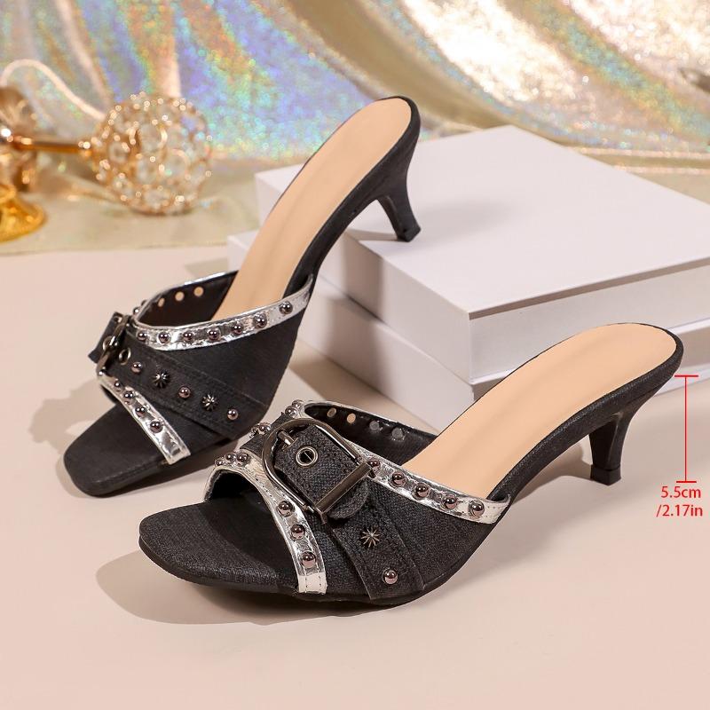 Retro Rivet Belt Buckle Open Toe Slim Heel Cool Drag Women Outside Wear Sexy Casual Low Heel Half Drag