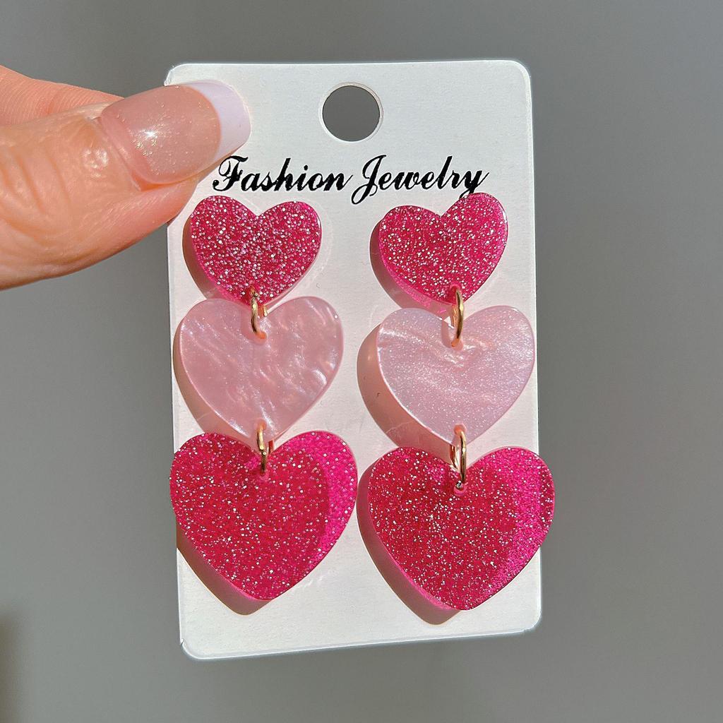Pink Three-Layer Heart-Shaped Love Light Luxury Earrings