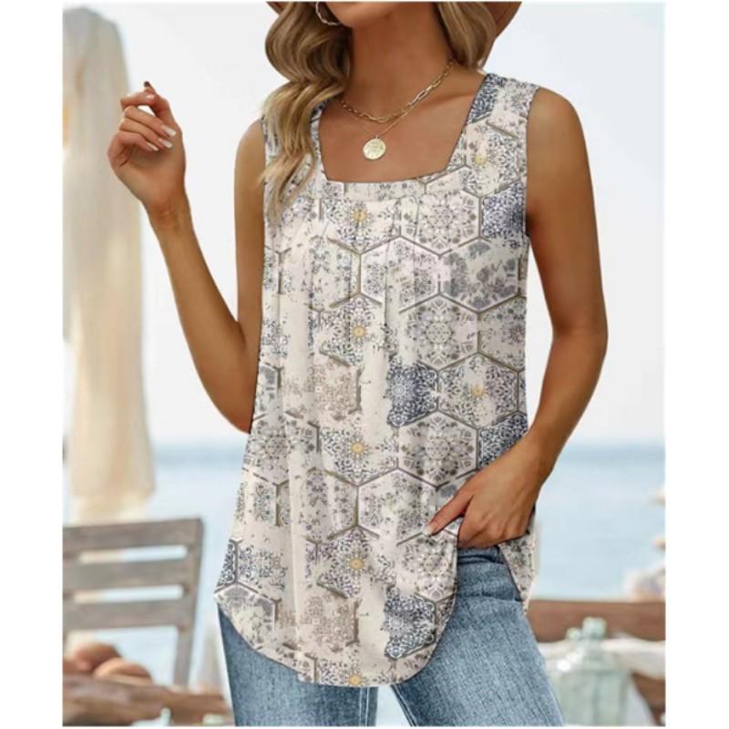Women's Summer Sleeveless Square Neck Printed T-Shirt Temperament Comfortable Loose Tank Top