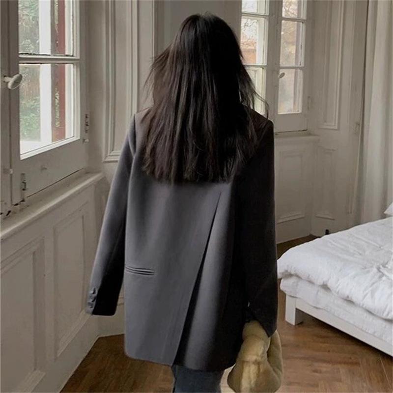 Kadın İlkbahar ve Sonbahar Uzun Kollu Blazer Sade Tasarım Yırtmaçlı Ofis Blazer Bayan Gevşek Mont