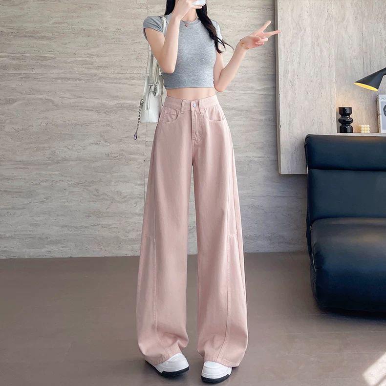 

Women s Pink Tencel High-Waisted Wide-Leg Jeans - Summer 2026 Collection, Loose Ice Silk, Floor-Length Straight Pants. Extra Small