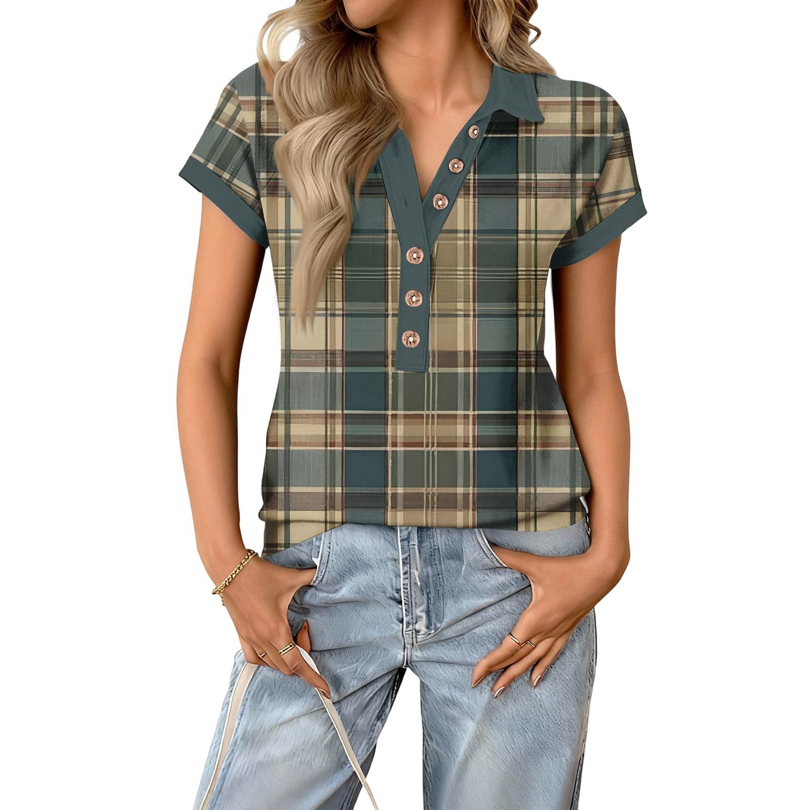 

Women s fashionable and casual summer V,neck patchwork short,sleeved plaid print top XXXL