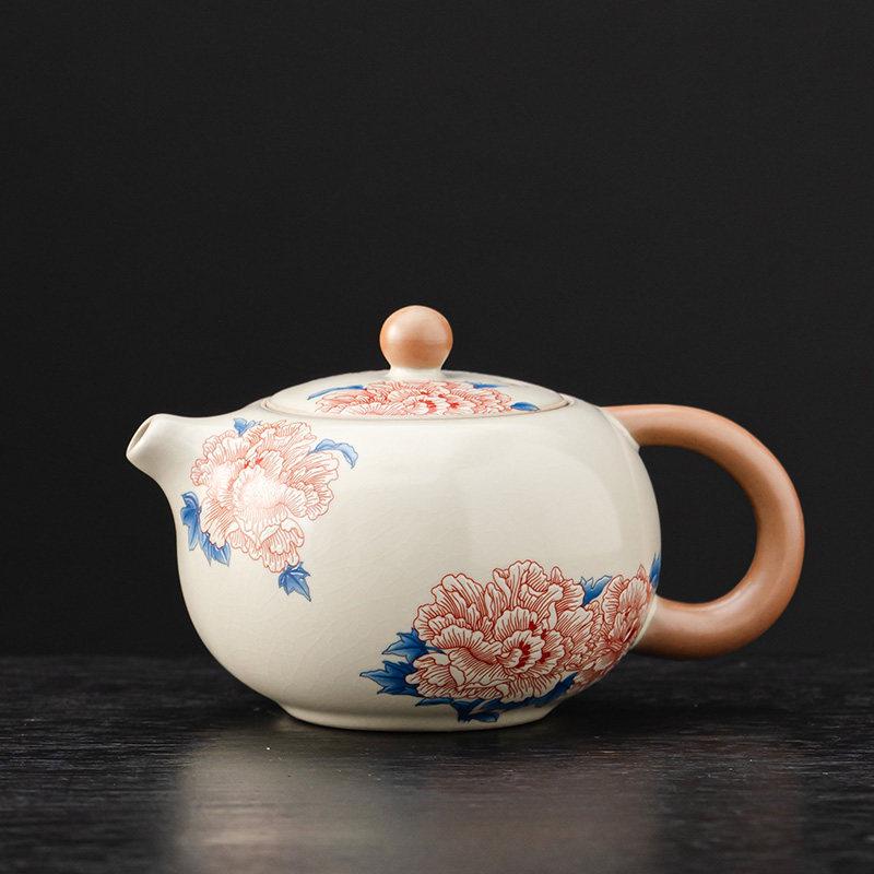 Elegant Ru Kiln Hibiscus Teapot Set: Includes Beige Side-Handle Pot, Lid, Bowl, Filter Screen, Tea Wash Pitcher, Gong Dao Bei for Gongfu Tea.