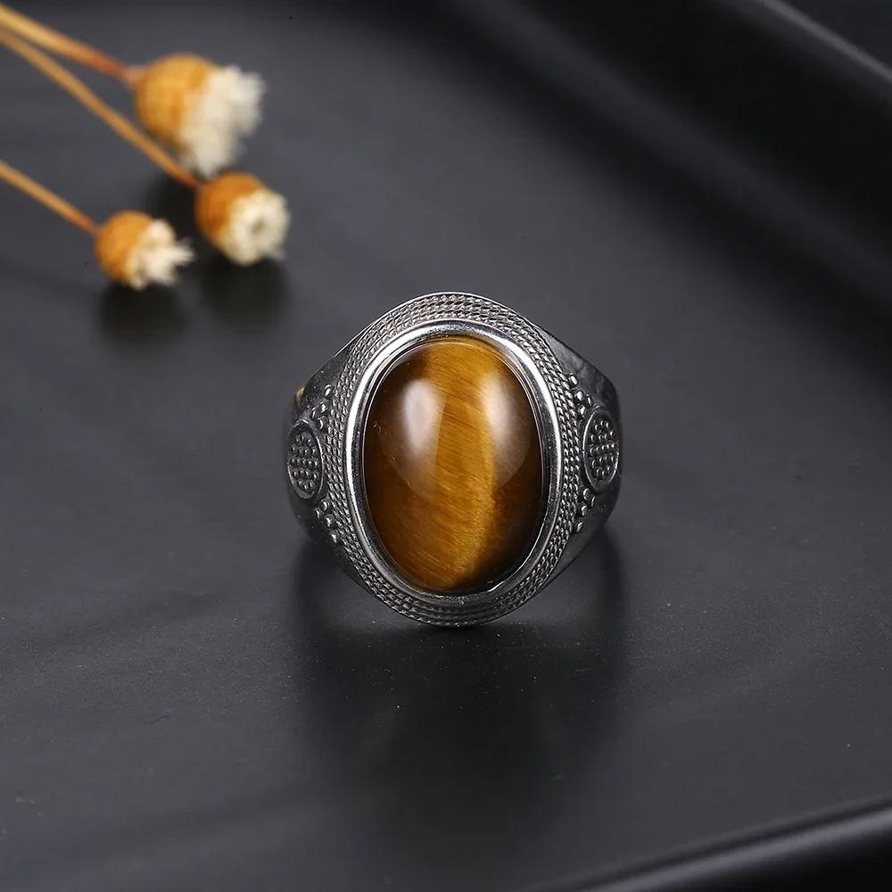 Silver Rings Large Natural 10x14MM Black Agate Ring for Women Men Silver Party Jewelry Tiger Eye Turquoise Lapis