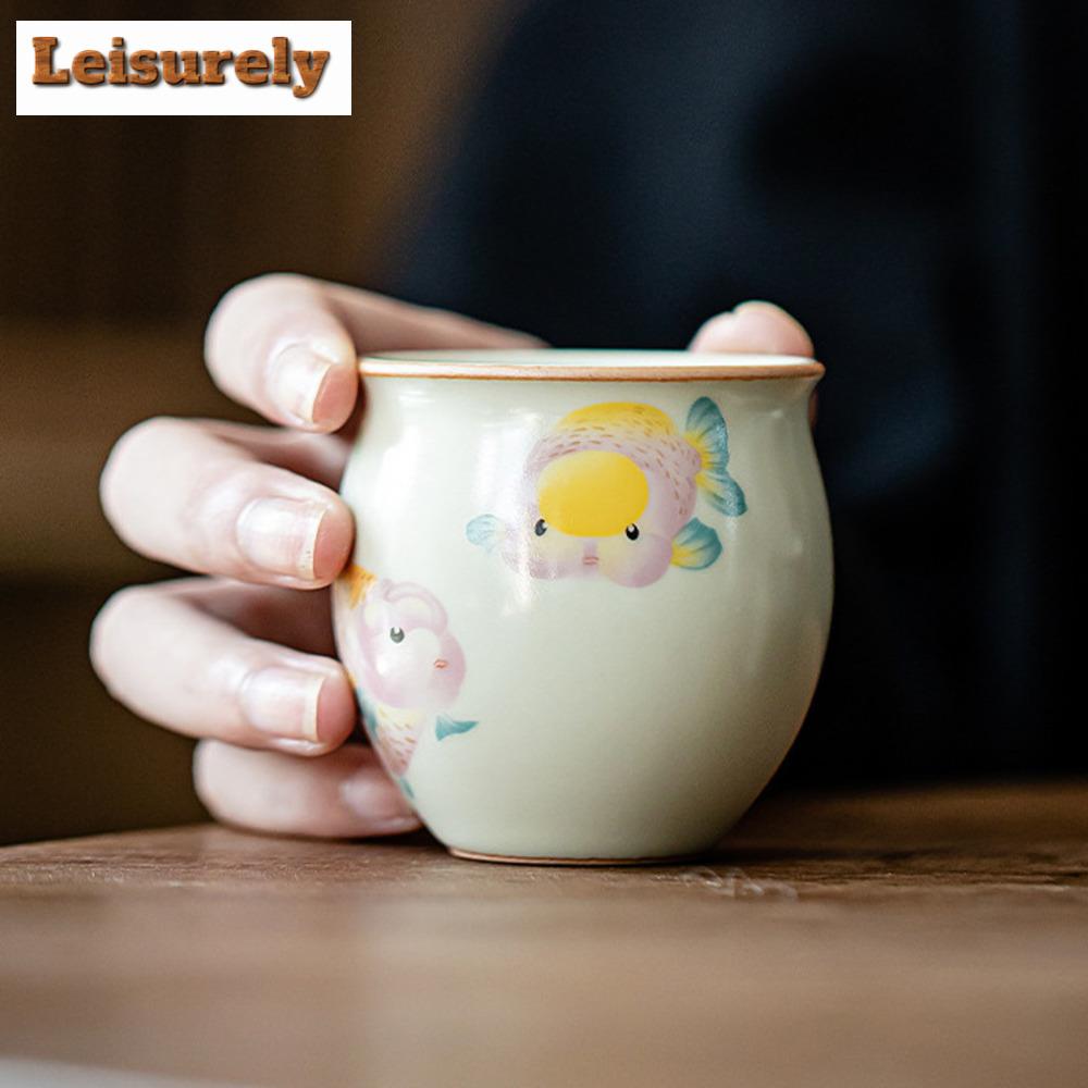 2pc/set Cream Ru Kiln Ceramic Tea Cup Chinese Goldfish Koi Fish Master Cup Tasting Egg Tea Bowl Chinese Kung Fu Teaset 90ml