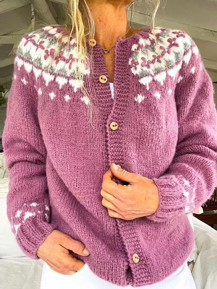 Women's Pink V-Neck Knit Cardigan with Jacquard Floral Pattern