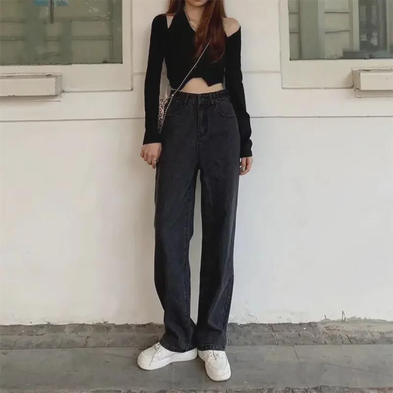 Women's Black High-Waist Wide-Leg Jeans - Loose Fit, Floor-Length, Casual & Versatile for Spring & Fall 2023 Trend