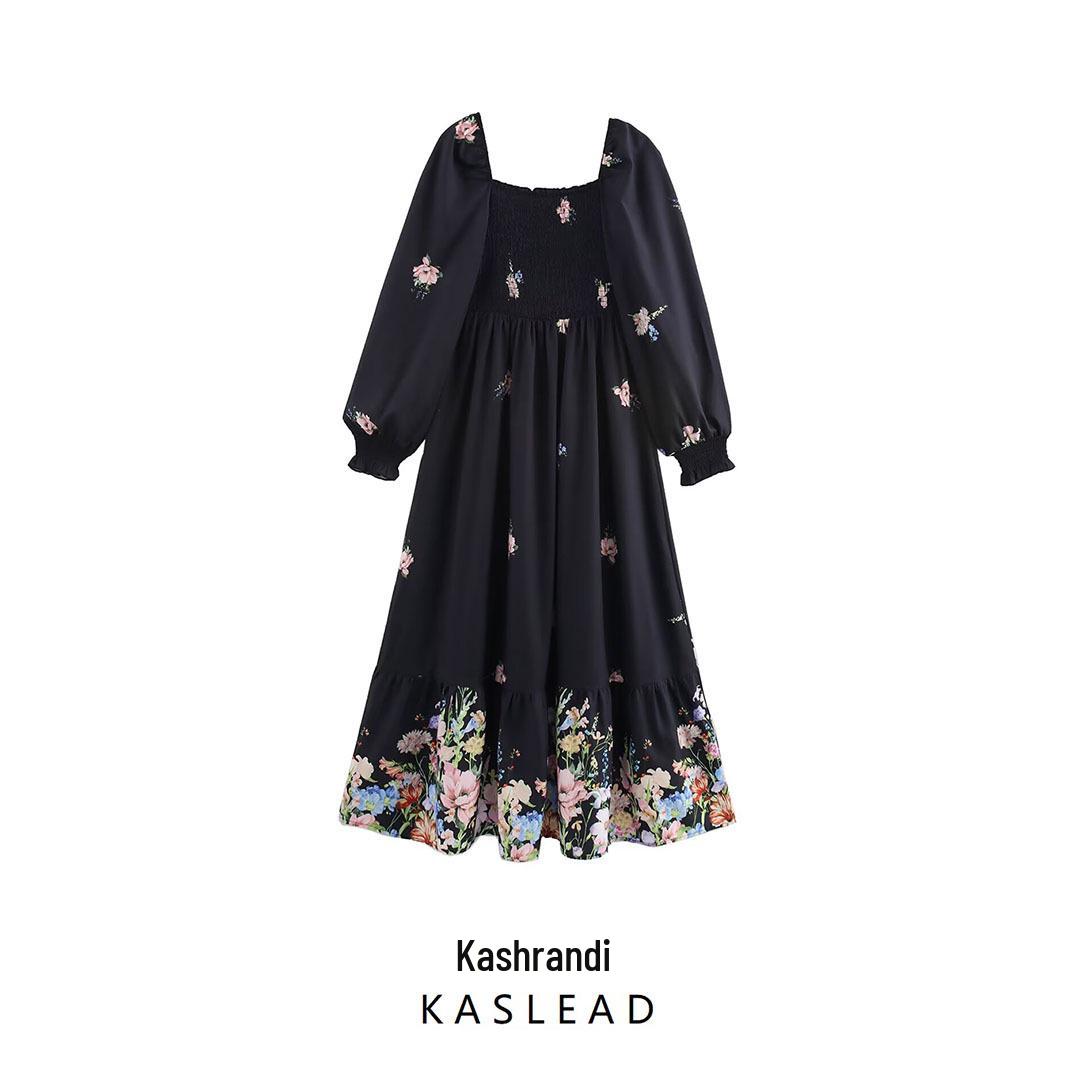 

2025 Spring Women s European & American Style Loose Print Cinched Waist Long Dress XS квітковий колір друку