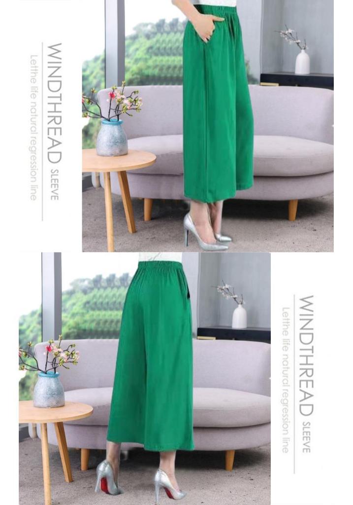 Summer Cotton Silk High-Waisted Wide-Leg Pants for Middle-Aged Women: Three-Quarter Length, Elastic, Plus Size Casual Wear