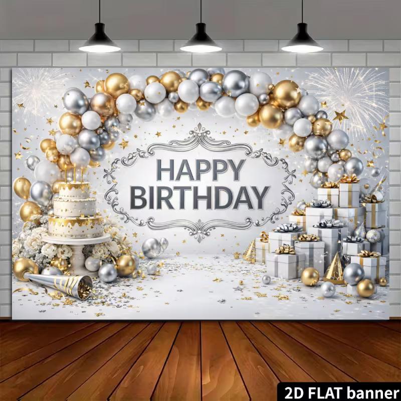 2D Silber Gold Glitzer Geburtstag Hintergrund Banner Happy Birthday Party Fotokabine Hintergrund