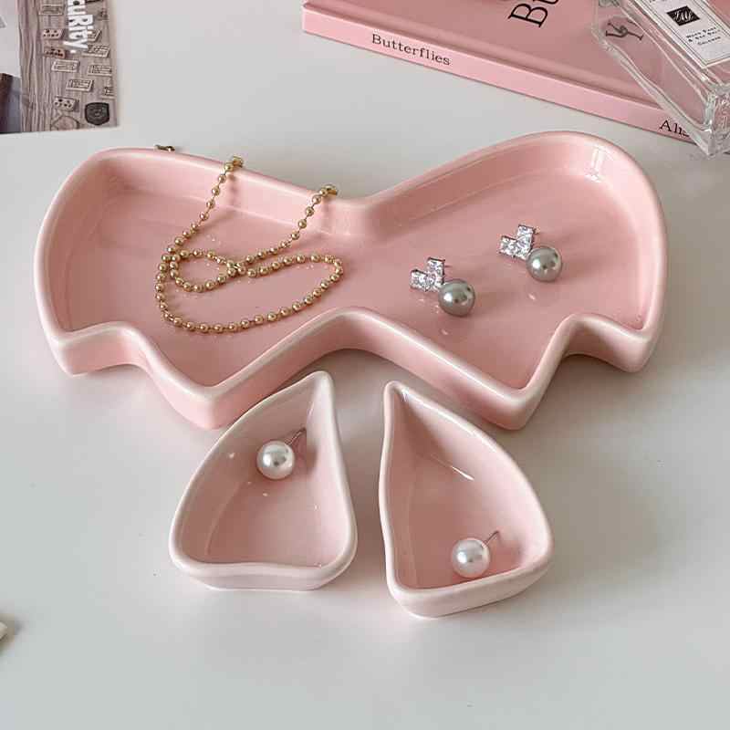 Pink Bow Ceramic Dessert Cake Plate CreativeJewellery Storage Tray Cute Storage Ornaments Decorative Girls Gift