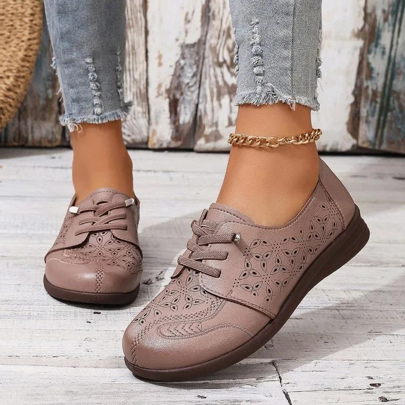 Fashion Ladies Shoes 2024 Hot Sale Lace-up Women's Flats Fashion Embroidery Casual Flat Shoes New Round Toe Flat Shoes Zapatos De Mujer
