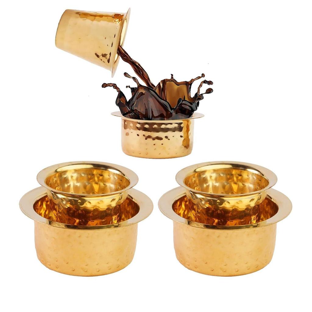 Indian Brass Coffee Cup Dawara/Dabara & Tumbler for Serving Filter Coffee/Tea/Traditional kumbakonam Brass Dabara - | Hammered Matt - 150ml (Set of 3)