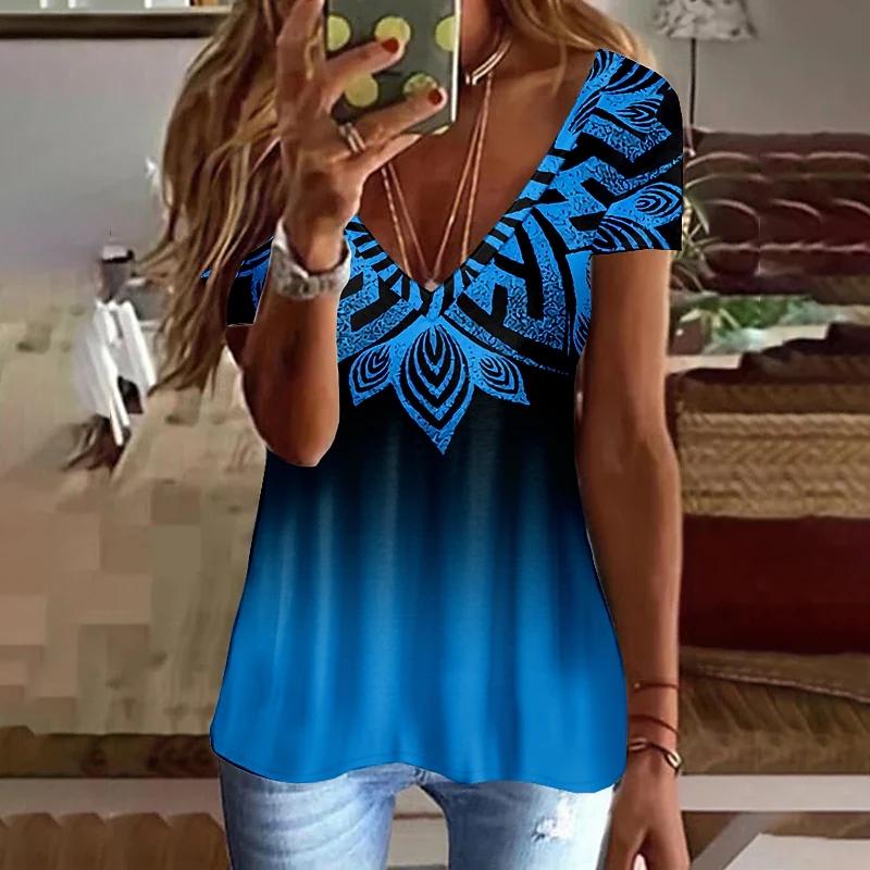 Summer V-neck 3D Printed Top Fashionable Casual Short Sleeved Women's T-shirts