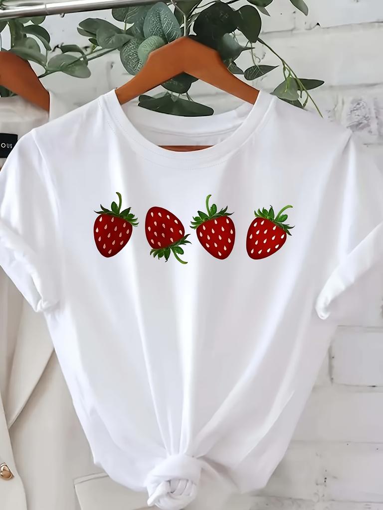 Women's Strawberry Print Short Sleeve T-Shirt - Cute Fruit Round Neck Blouse, Spring Summer Casual Attire, Machine Washable Strawberry Top for Women
