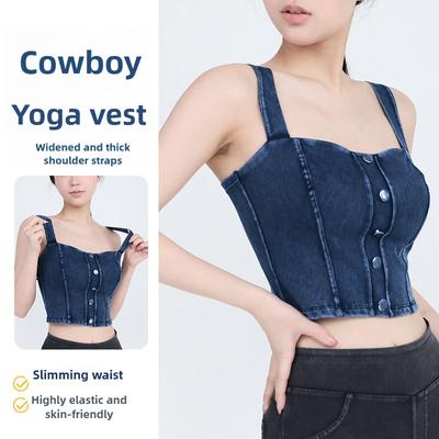 Damen-Brustpolster mit hochelastischem Gürtel und Imitations-Denim-Fitness-Yoga-Weste