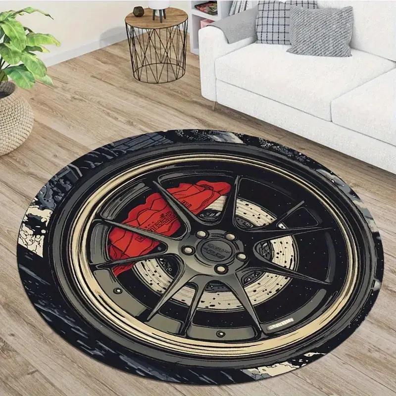 Silvery Black Wheels Printing Round Carpet Living Room Bedroom Kitchen Bathroom Floor Mat Soft Circle Rug Birthday Decor