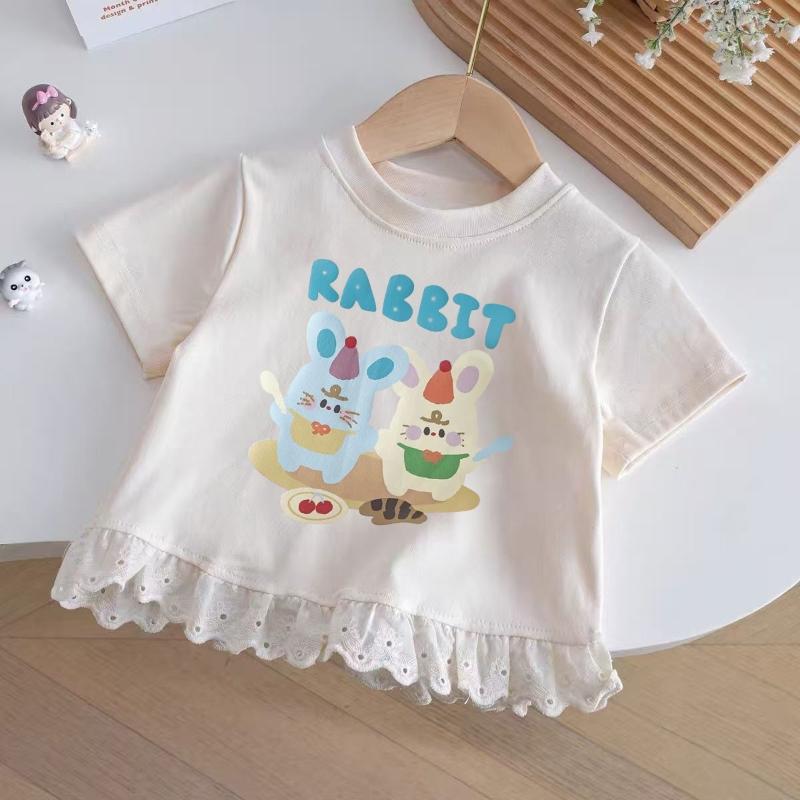 Kids Girls Summer T-shirt Cartoon Print Pullover Soft Tops Sweet Lace Hem Casual All-match Outfit Tee 150 бежевый