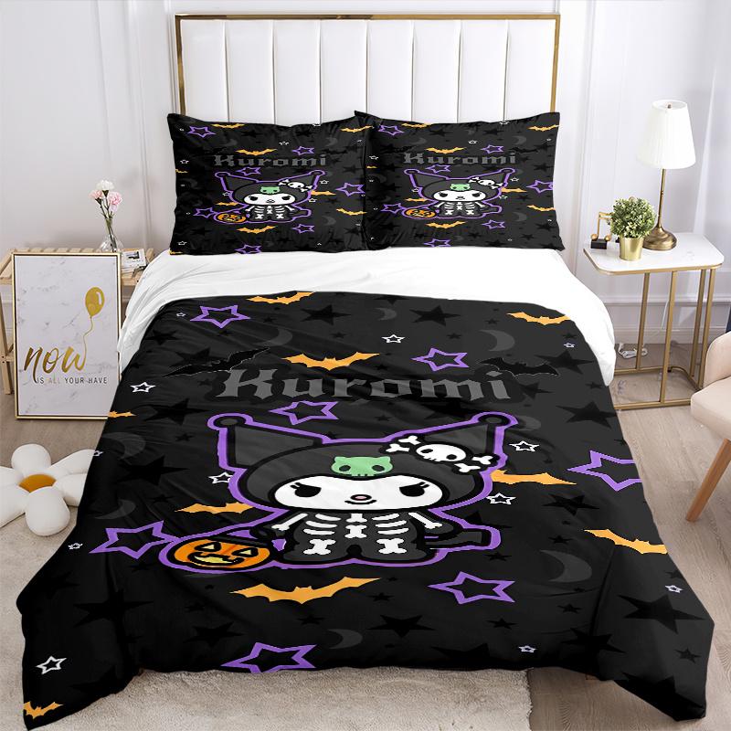 3pcs Spooky Fun with Bats Stars and Pumpkins Halloween Kuromi Bedding Set Includes Quilt Cover and Pillowcases, Suitable for All Seasons, Machine