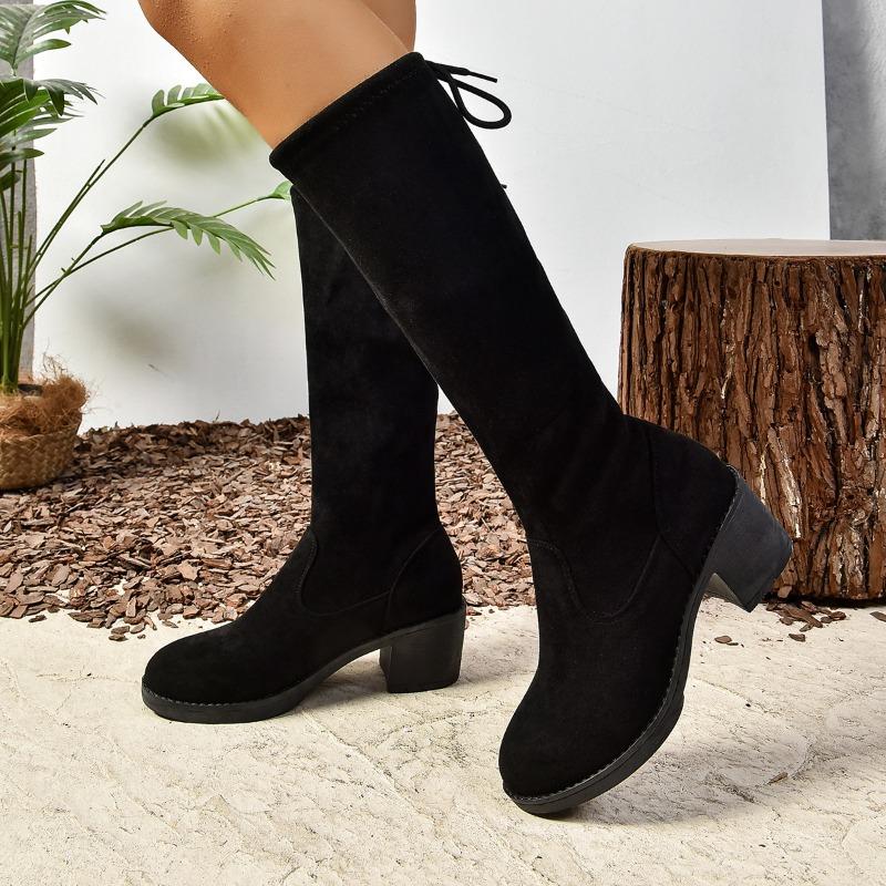 

Новые осенне-зимние ботинки женские на толстом каблуке с круглым носком на шнуровке сзади маленькие ботфорты до колена 43 чёрный