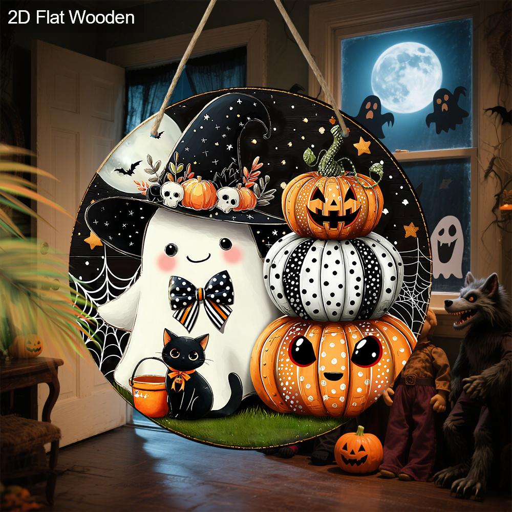 Halloween Wooden Sign with Pumpkin & Ghost Pattern - Charming Decorative Sign and Plaques - Ideal Front Door Decor - Halloween Decor