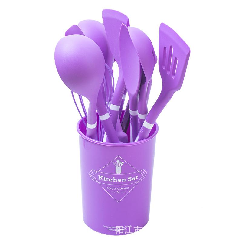 

12 шт./набор силиконовых кухонных принадлежностей с деревянной ручкой для хранения, ведро, устойчивое к высоким температурам и антипригарное покрытие, кастрюля, лопатка, ложка purple