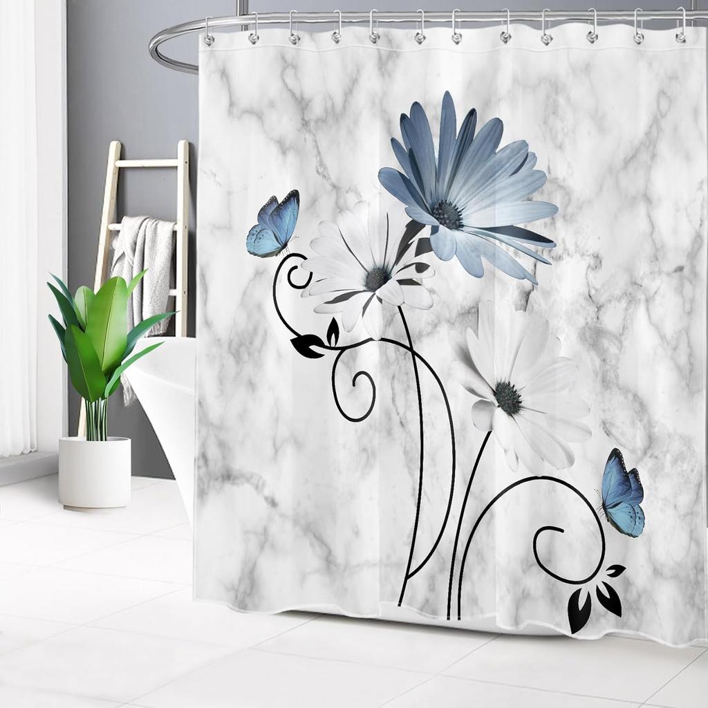 Pink Flowers Vintage Daisy Floral Butterfly Shower Curtains Abstract Farmhouse Decorative Bath Curtain Washable Bathroom Decor