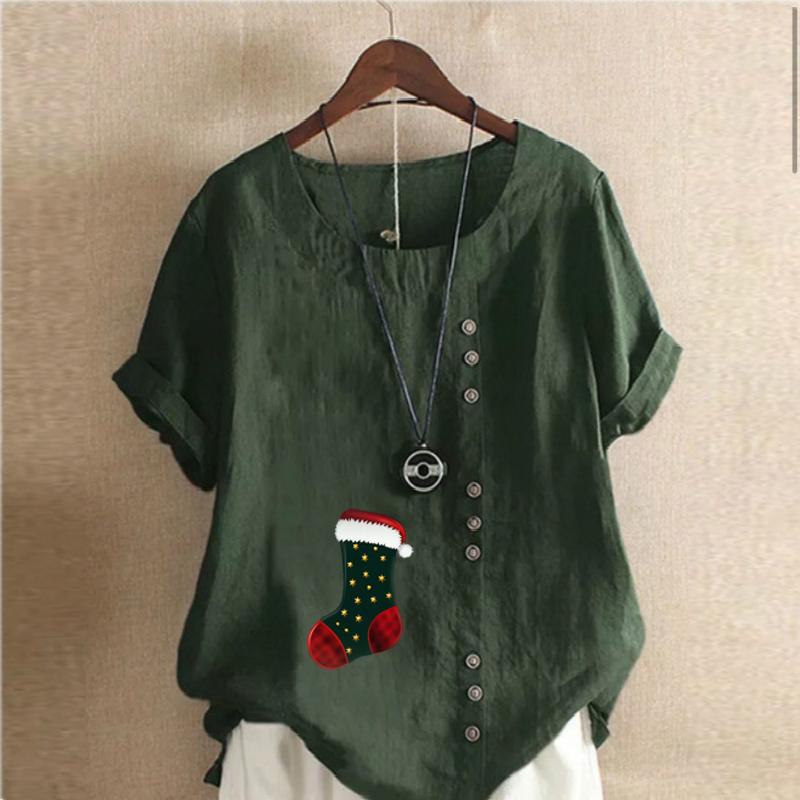 Women's Fashion Round Neck Short Sleeve T-shirt Casual Cotton Linen Graphic Shirt Leisure Loose Christmas Stocking Prined Summer Blouse Tops