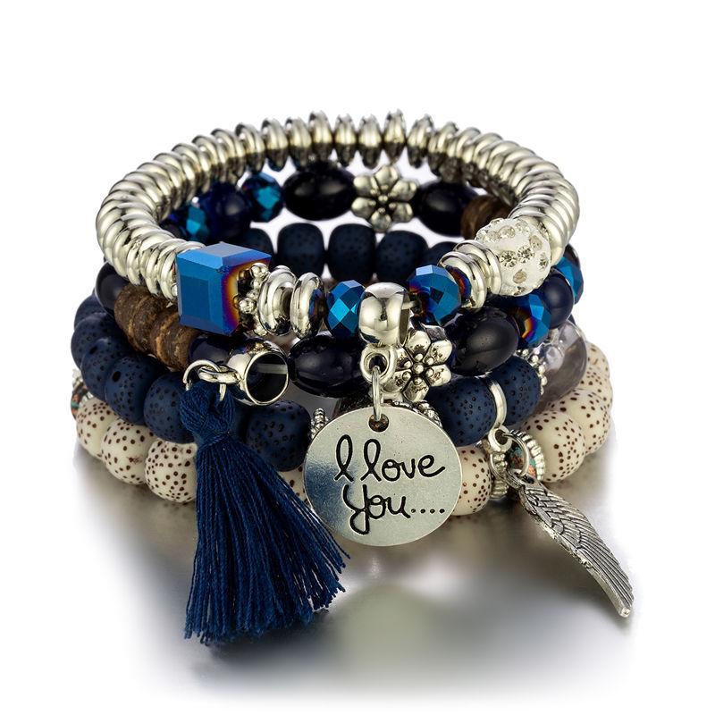 4PCS Bohemian Multi-Strand Beaded Bracelet Set with Fringe Tassel & Wing "I Love You" Charm - Women's Layered Jewelry Gift for Summer Fashion