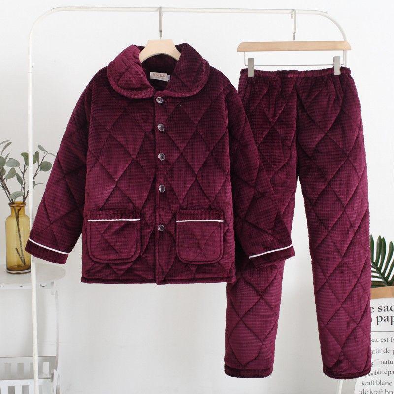 Three-Layer Fleece-Lined Quilted Winter Pajama Set for Elderly Women - Warm Coral Fleece Home Wear & Outerwear