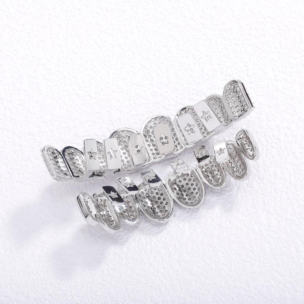 Iced Out Plná mosaz Zirkon Osm zubů Grillz Hip Hop Ústa Zuby Dekorace Halloween Cosplay Rap Zub Šperk Dárek