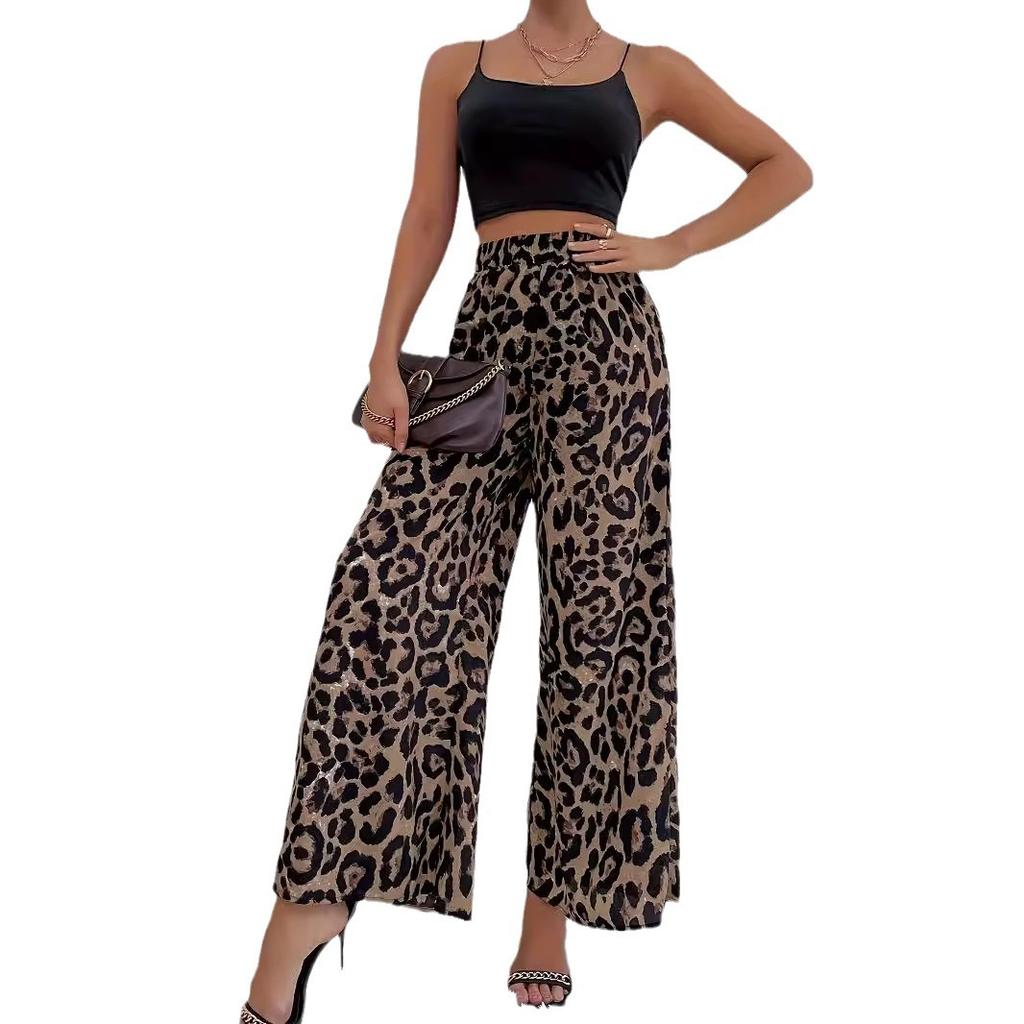 Spring Women's Fashion Classic Leopard Print Elastic Waist Draped Loose Casual Wide-Leg Pants