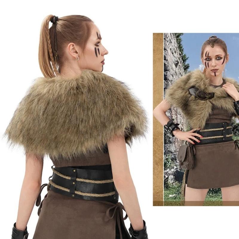 Faux Furs Shawl with Buckles Fashion Costume Collar Role Play Capes For Cosplay And Medieval Themed Event