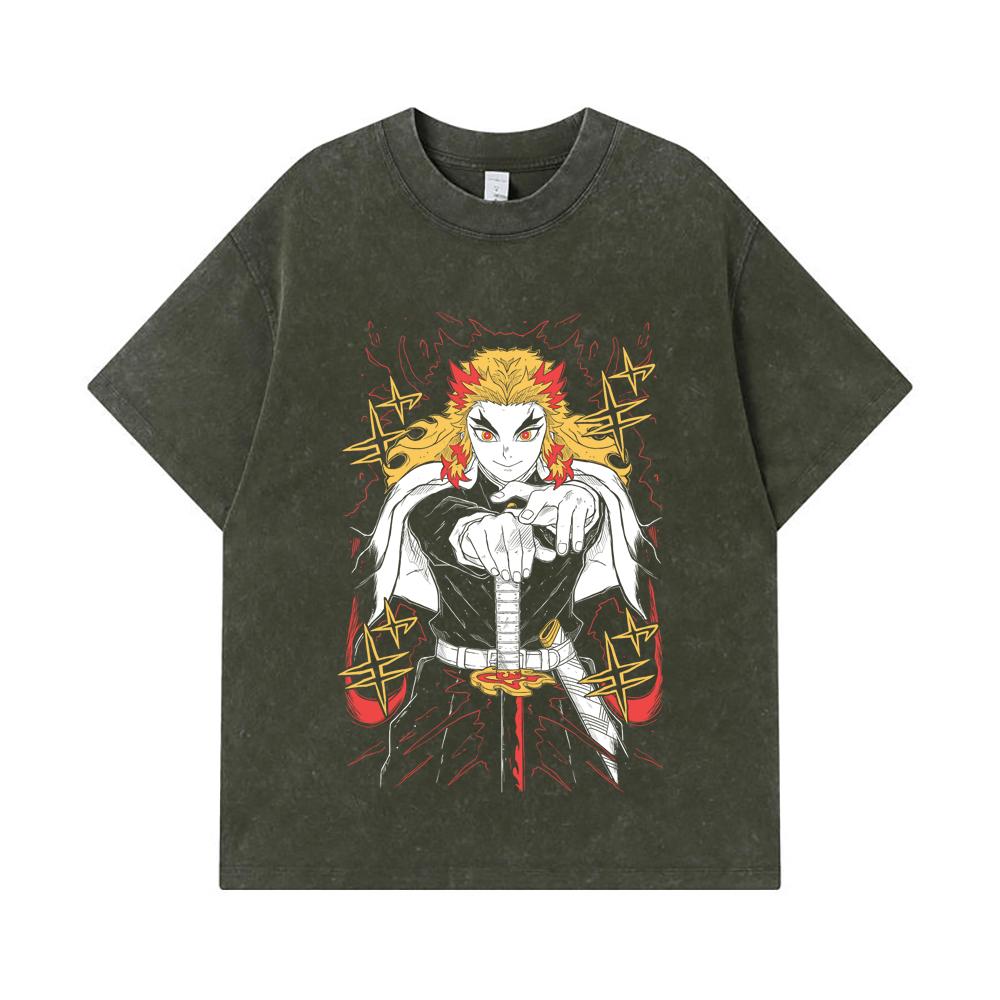 

275 GSM Washed T-shirts 100% Cotton Demon Slayer V43 Rengoku Print Unisex Heavy Cotton T Shirt S армия зеленый