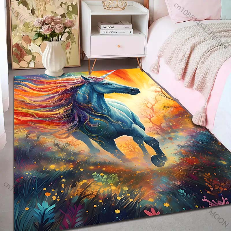 1PC Fantasy Unicorn with Rainbow Print Carpet Rug for Living Room Bedroom Sofa Doormat Home Decor Non-slip Floor Mat