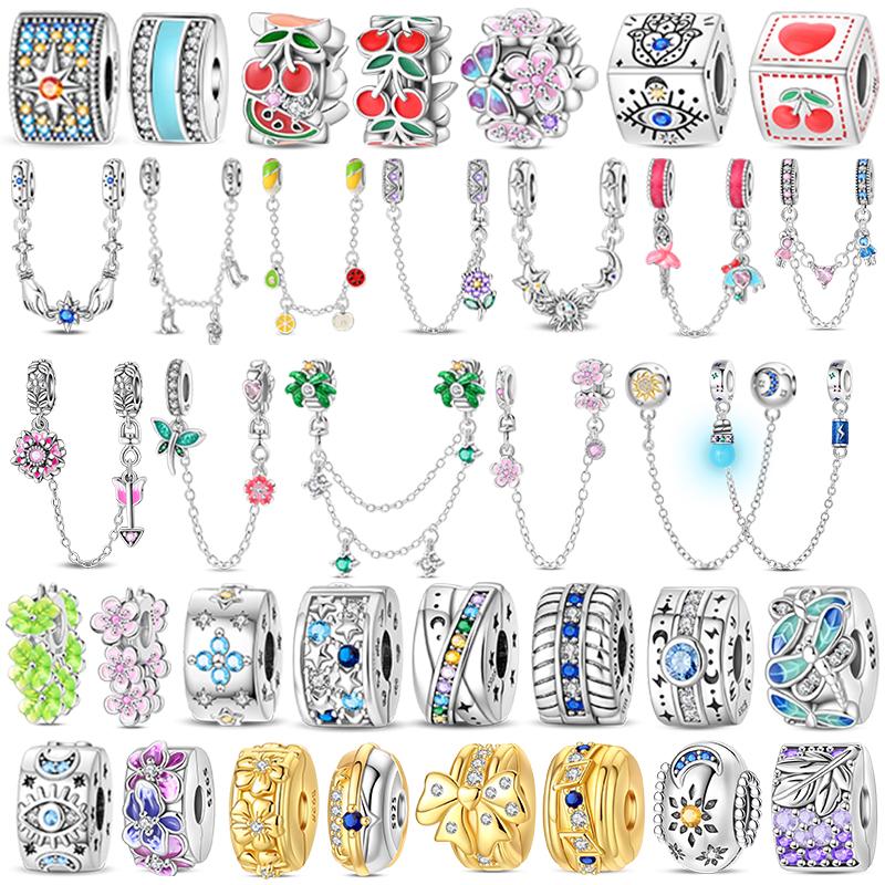 Copper Clasp Copper Cz Pave Clip Charms Daisy Beads Stopper Safety Chain Fit Original Bangle Bracelet Jewelry Clip