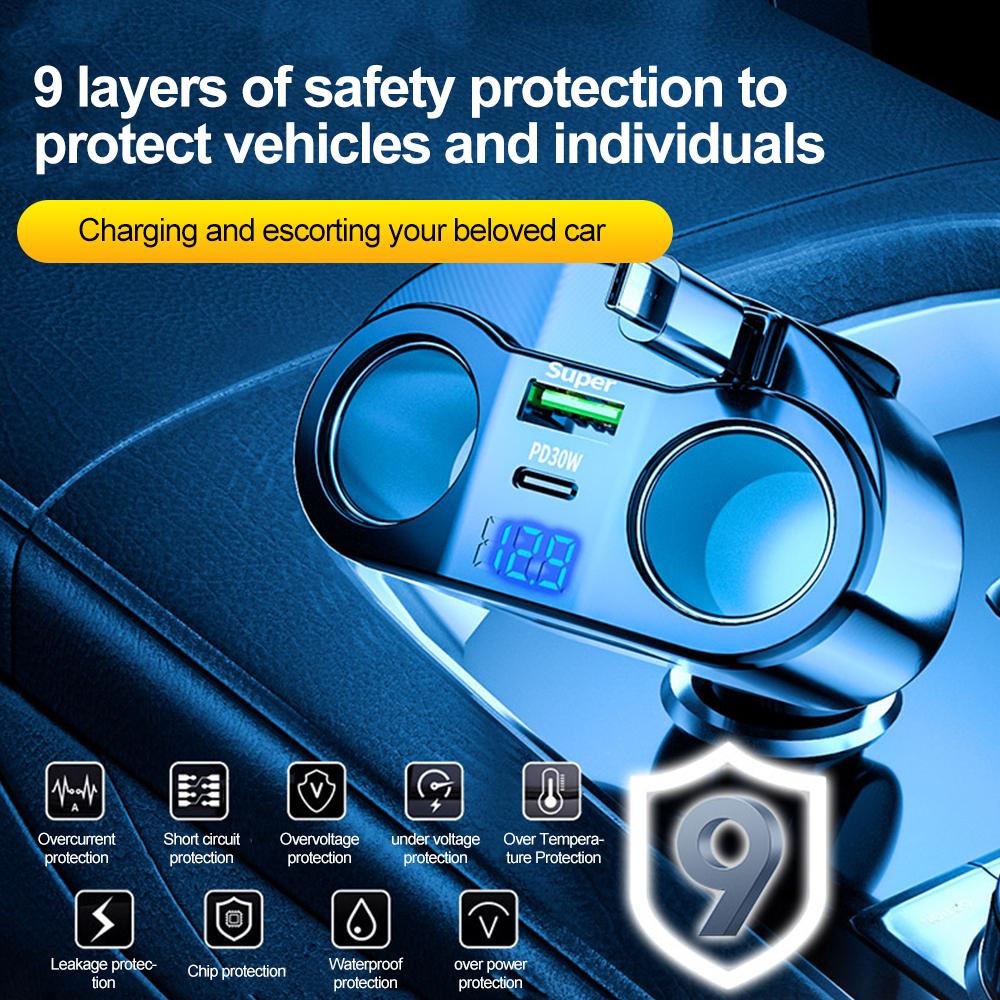 Quick Charge Car Charger USB/PD Port Phone Charger Socket Cigarette Lighter Splitter Voltage with Intelligent Voltage Display