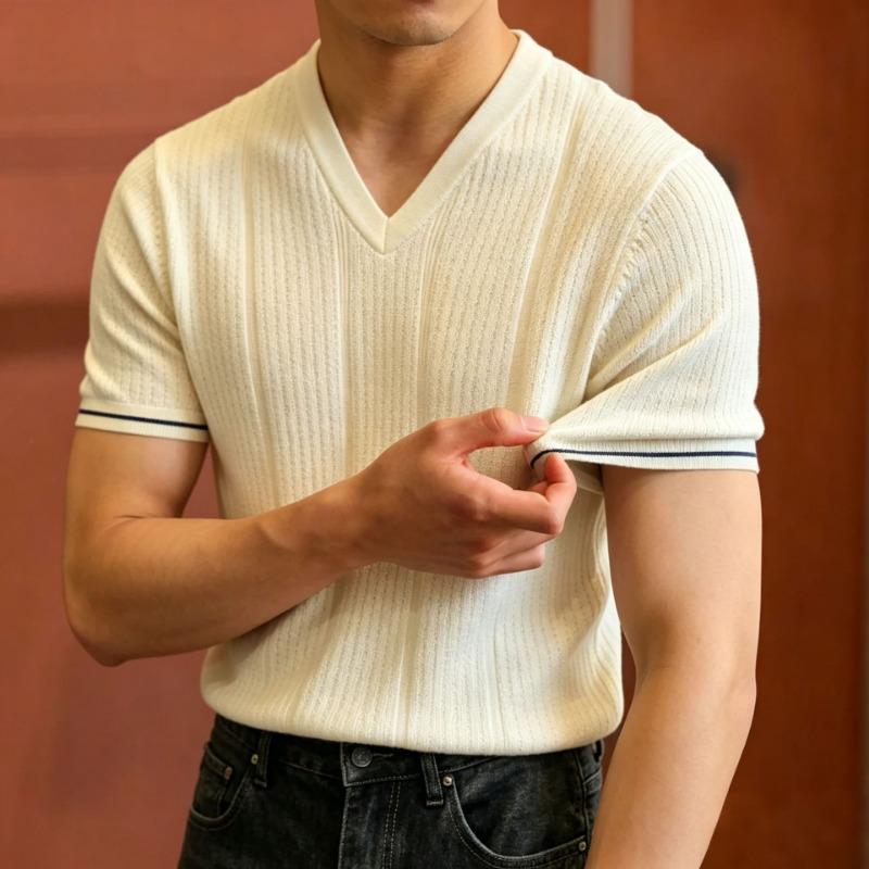 Men S Short Sleeve V Neck Solid Slim Fit Knit Top Summer Casual