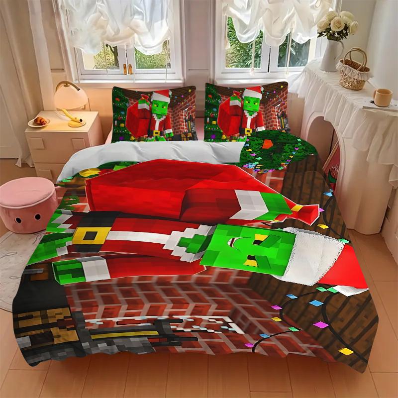 Christmas Minecraft Printed 3pcs Bedding Set Soft Microfiber 1 Duvet Cover And 2 Pillowcases Home Bedroom Decor Xmas Gift K1855