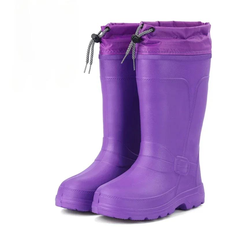 Fashion Women Rain Boots Mid-Calf Water Shoes Non-slip Waterproof Safety Work Shoes Drawstring Rubber Boots Women Warm Plush Rain Shoes