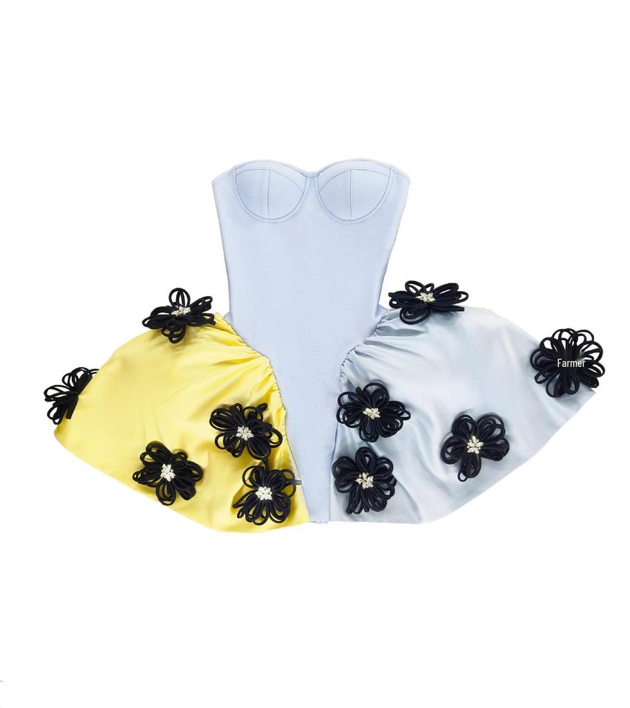 Women's French Hepburn Style Tube Top Tutu Skirt Dress with Black Floral Bandage Design - New Model