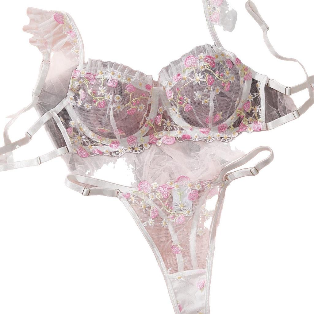 European and American Sexy bra set strawberry embroidery comfortable sex mesh women's sexy underwear steel ring set