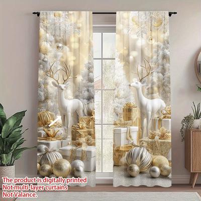2 Stück Weihnachten Goldhirsch Szene Druck Transparente Vorhänge – Perfekt für Wohnzimmer, Schlafzimmer und Ferienhaus Dekoration